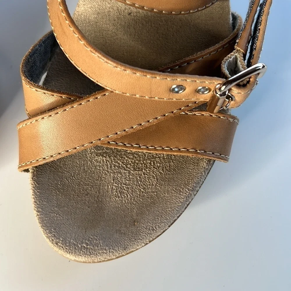 Dr. Scholl’s Band Platform Sandals Tan Leather Strappy Wooden Heel Size 10